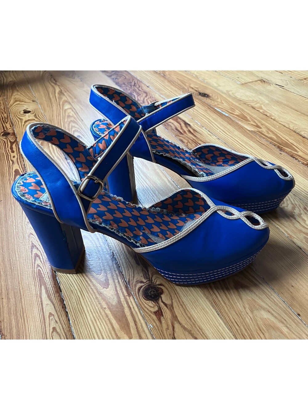 Bettie Page Ellie Cobalt Blue Platform Heels Peep Toe Pinup Rockabilly Heart 10
